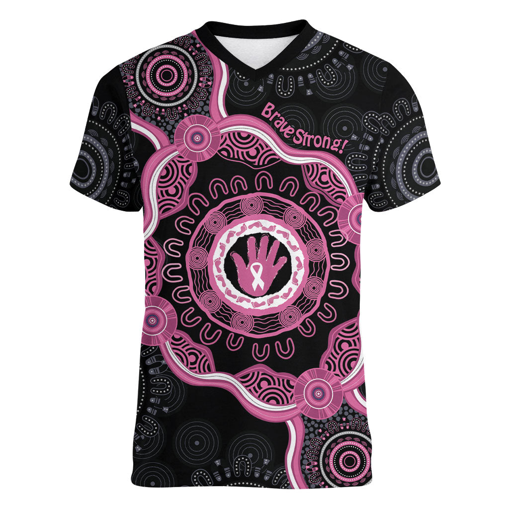 Personalised Australia Breast Cancer Support Women V-Neck T-Shirt Brave Strong Aboriginal Art