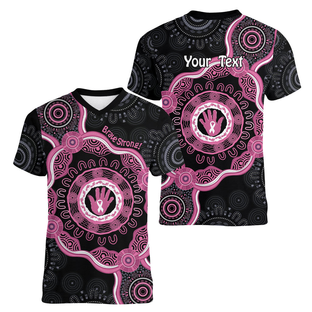 Personalised Australia Breast Cancer Support Women V-Neck T-Shirt Brave Strong Aboriginal Art