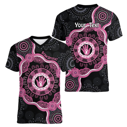 Personalised Australia Breast Cancer Support Women V-Neck T-Shirt Brave Strong Aboriginal Art