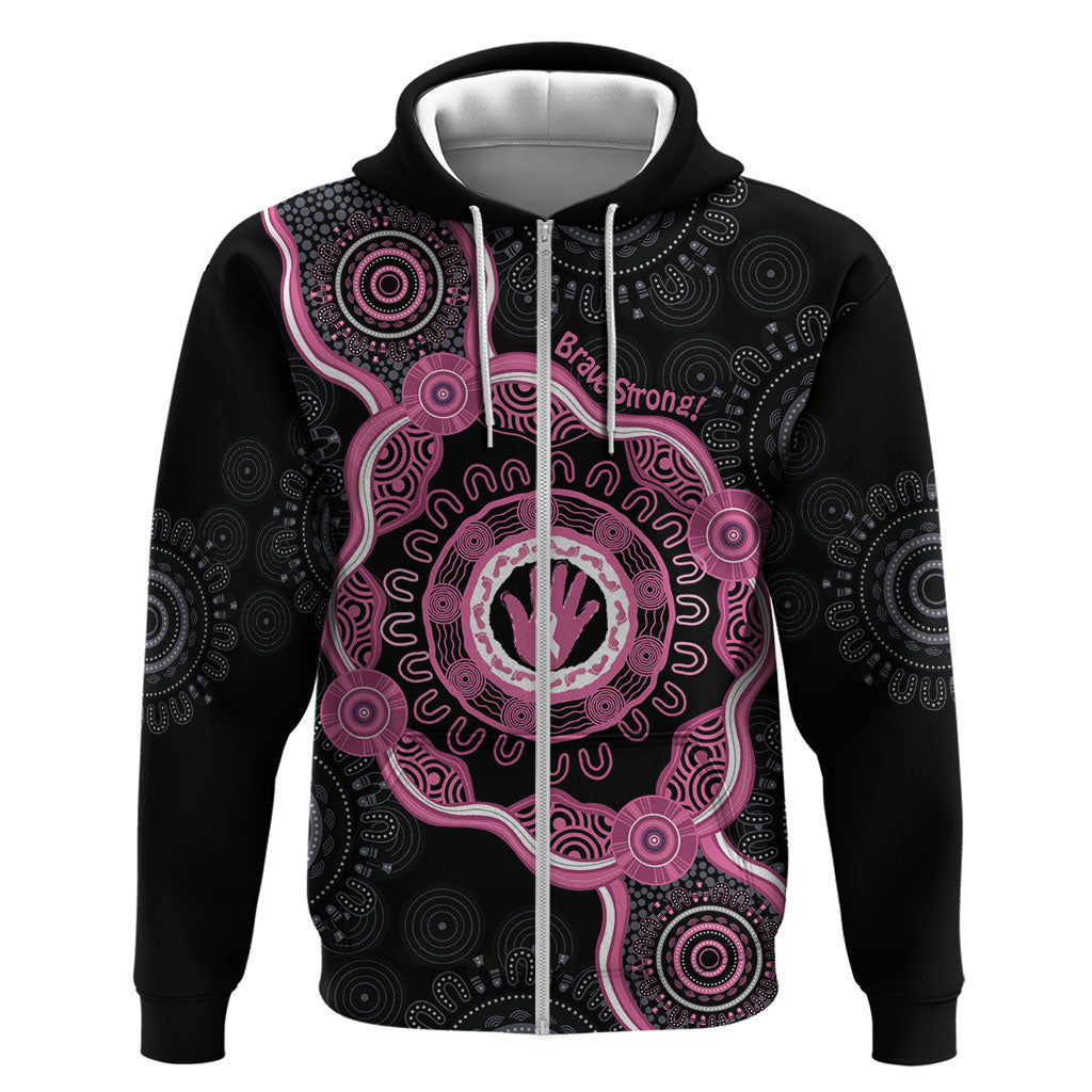 Personalised Australia Breast Cancer Support Zip Hoodie Brave Strong Aboriginal Art