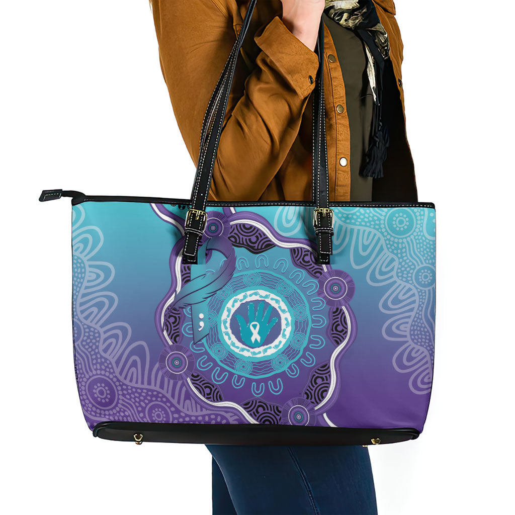Australia Indigenous Leather Tote Bag Suicide Prevention Month Ribbon Aboriginal Art