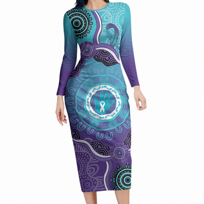 Australia Indigenous Long Sleeve Bodycon Dress Suicide Prevention Month Ribbon Aboriginal Art