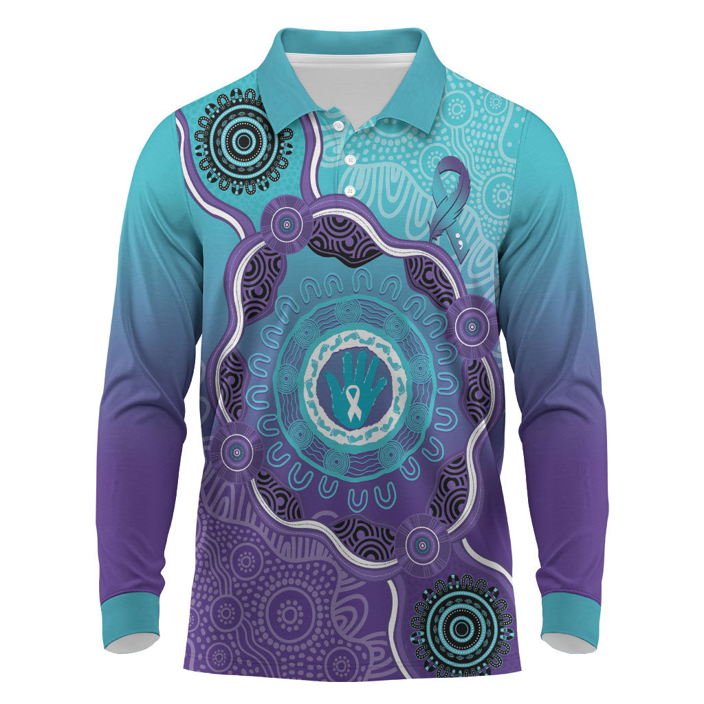 Australia Indigenous Long Sleeve Polo Shirt Suicide Prevention Month Ribbon Aboriginal Art
