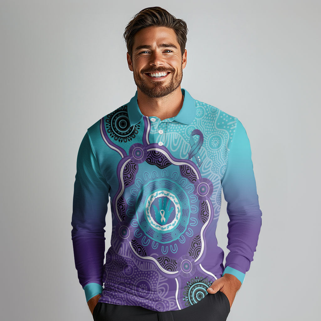 Australia Indigenous Long Sleeve Polo Shirt Suicide Prevention Month Ribbon Aboriginal Art