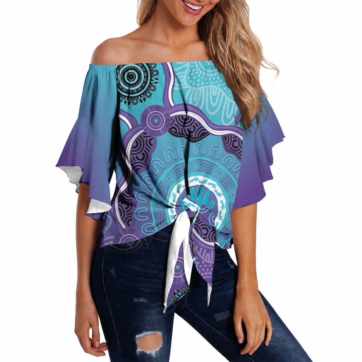 Australia Indigenous Off Shoulder Wrap Waist Top Suicide Prevention Month Ribbon Aboriginal Art
