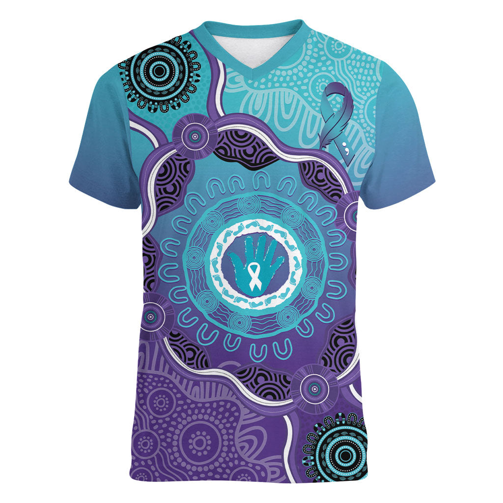 Australia Indigenous Women V-Neck T-Shirt Suicide Prevention Month Ribbon Aboriginal Art