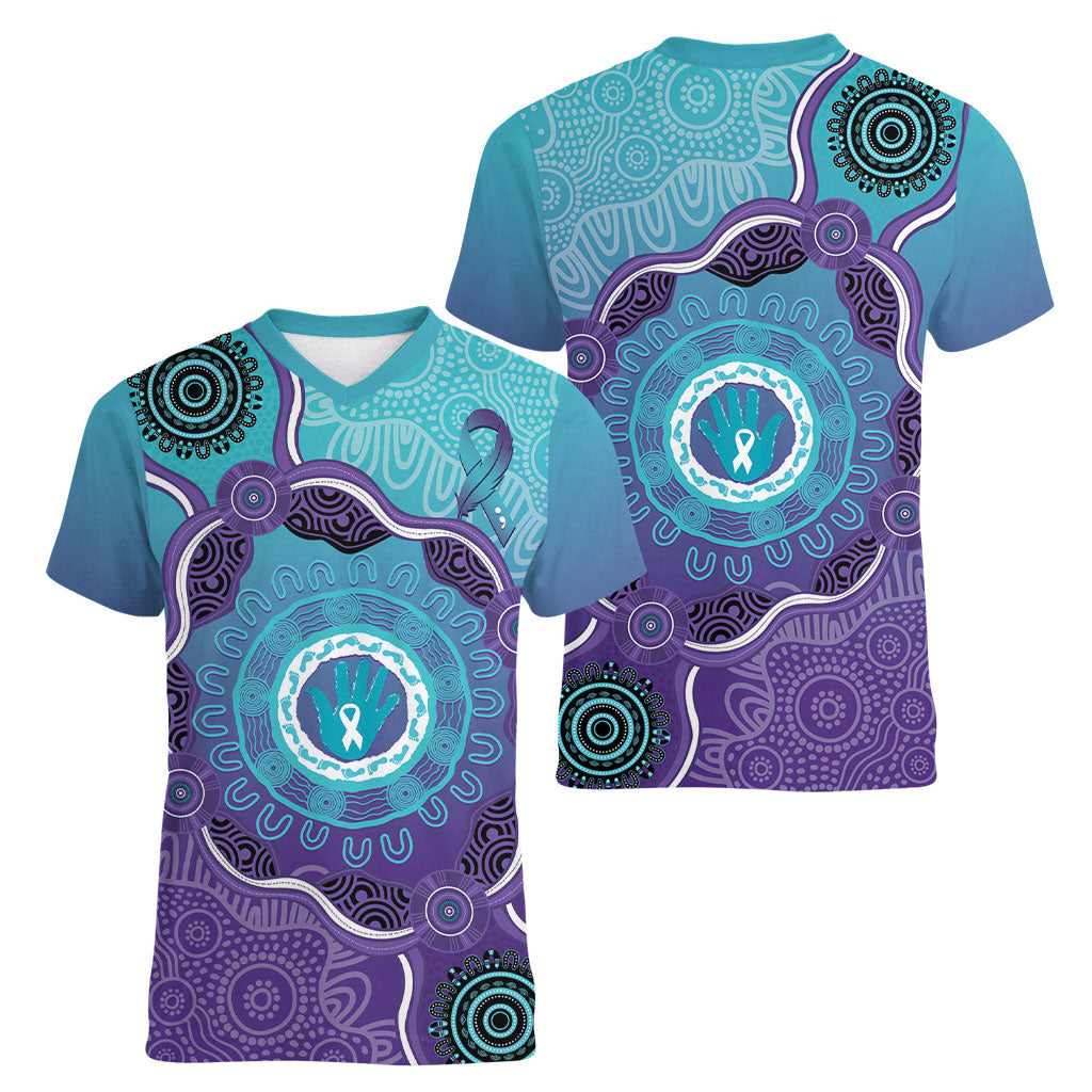 Australia Indigenous Women V-Neck T-Shirt Suicide Prevention Month Ribbon Aboriginal Art