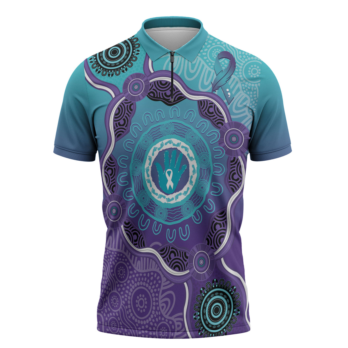 Australia Indigenous Zipper Polo Shirt Suicide Prevention Month Ribbon Aboriginal Art