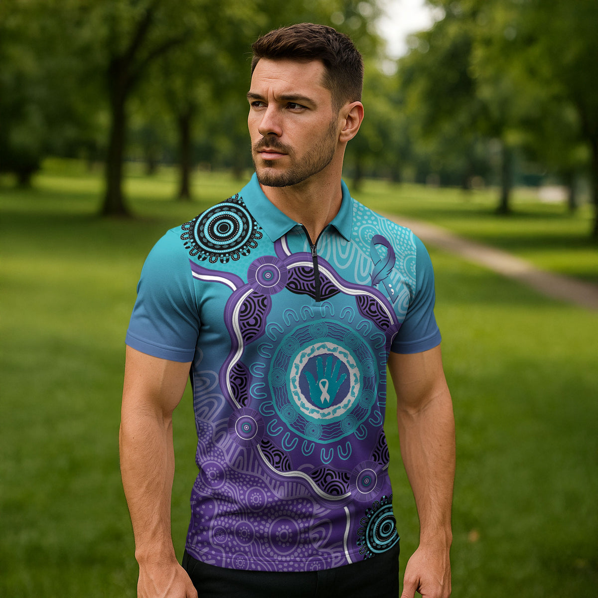 Australia Indigenous Zipper Polo Shirt Suicide Prevention Month Ribbon Aboriginal Art