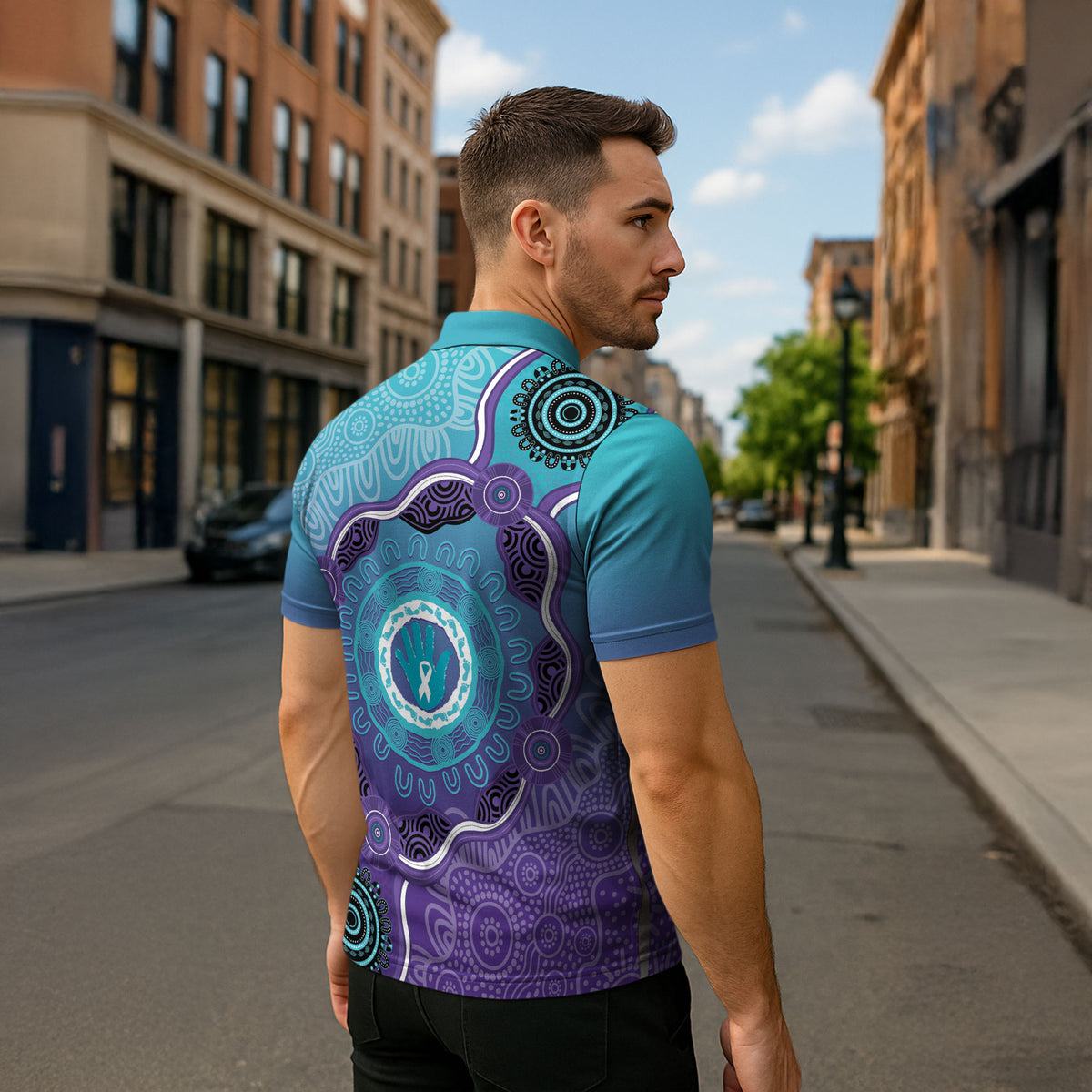 Australia Indigenous Zipper Polo Shirt Suicide Prevention Month Ribbon Aboriginal Art