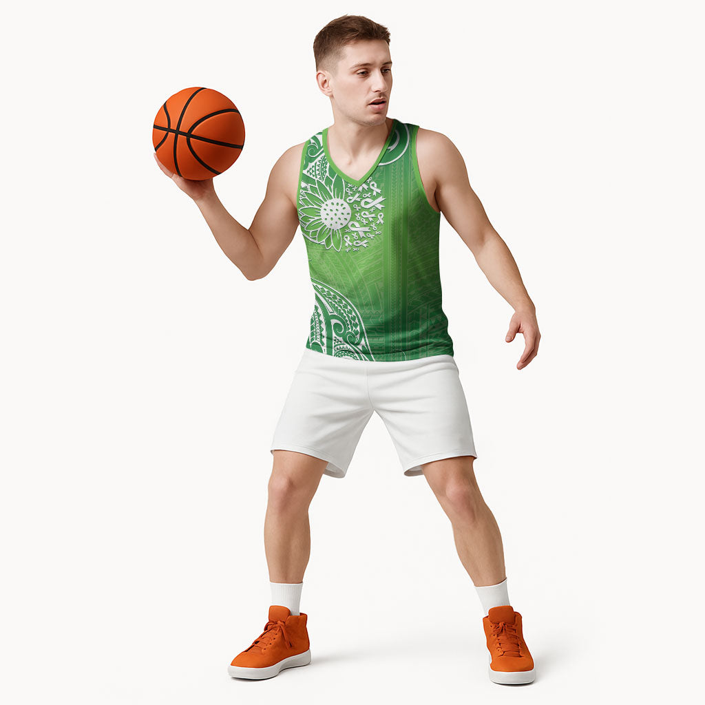 Polynesia Depression Support Basketball Jersey Sunflower Green Ribbons Polynesian Tattoo