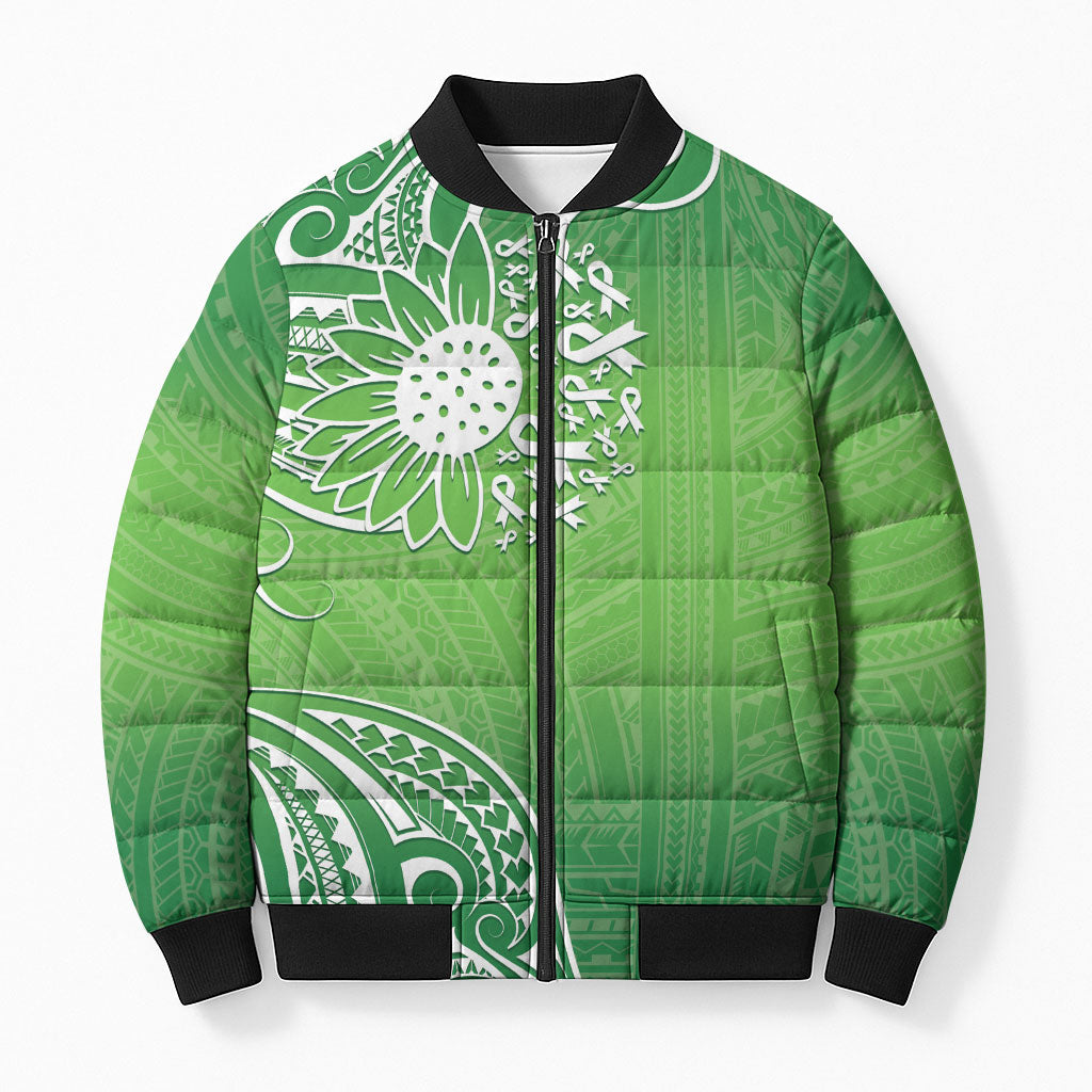 Polynesia Depression Support Bomber Puffer Jacket Sunflower Green Ribbons Polynesian Tattoo