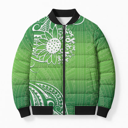 Polynesia Depression Support Bomber Puffer Jacket Sunflower Green Ribbons Polynesian Tattoo