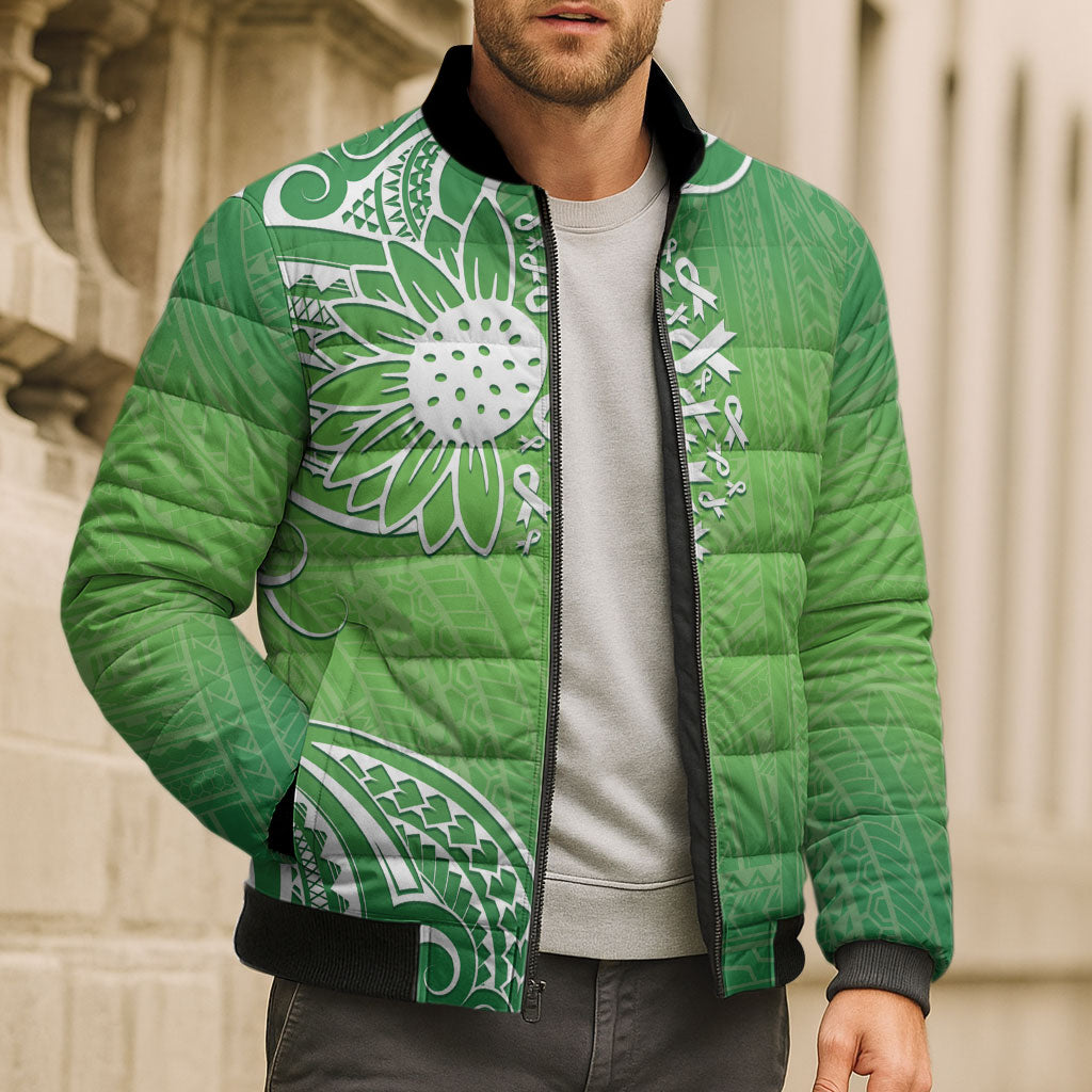 Polynesia Depression Support Bomber Puffer Jacket Sunflower Green Ribbons Polynesian Tattoo