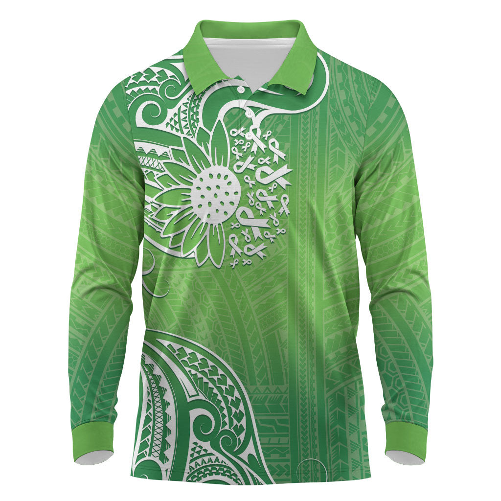 Polynesia Depression Support Long Sleeve Polo Shirt Sunflower Green Ribbons Polynesian Tattoo