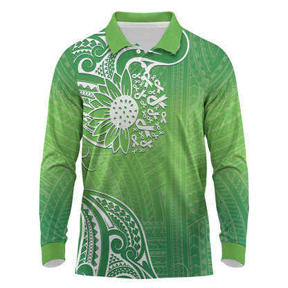 Polynesia Depression Support Long Sleeve Polo Shirt Sunflower Green Ribbons Polynesian Tattoo