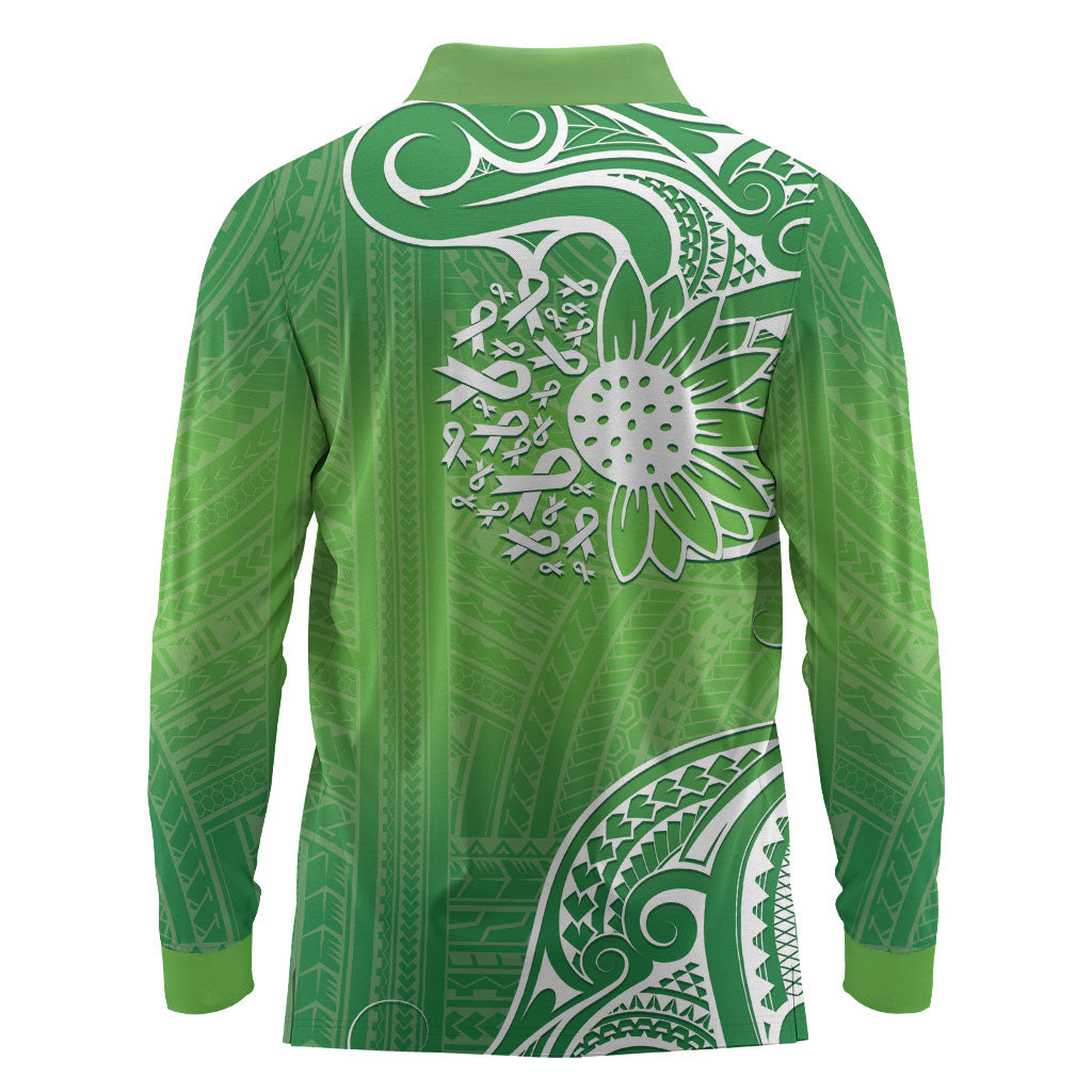 Polynesia Depression Support Long Sleeve Polo Shirt Sunflower Green Ribbons Polynesian Tattoo