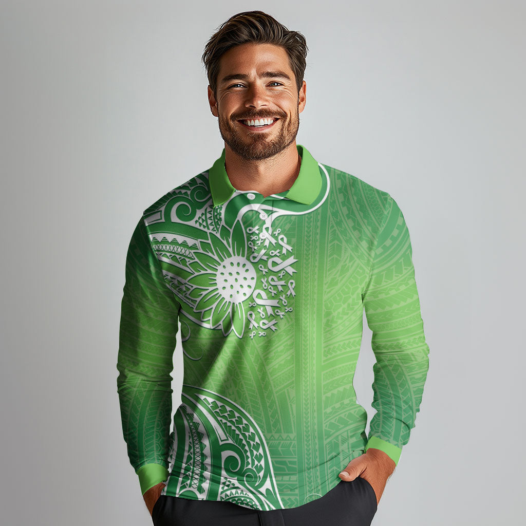 Polynesia Depression Support Long Sleeve Polo Shirt Sunflower Green Ribbons Polynesian Tattoo