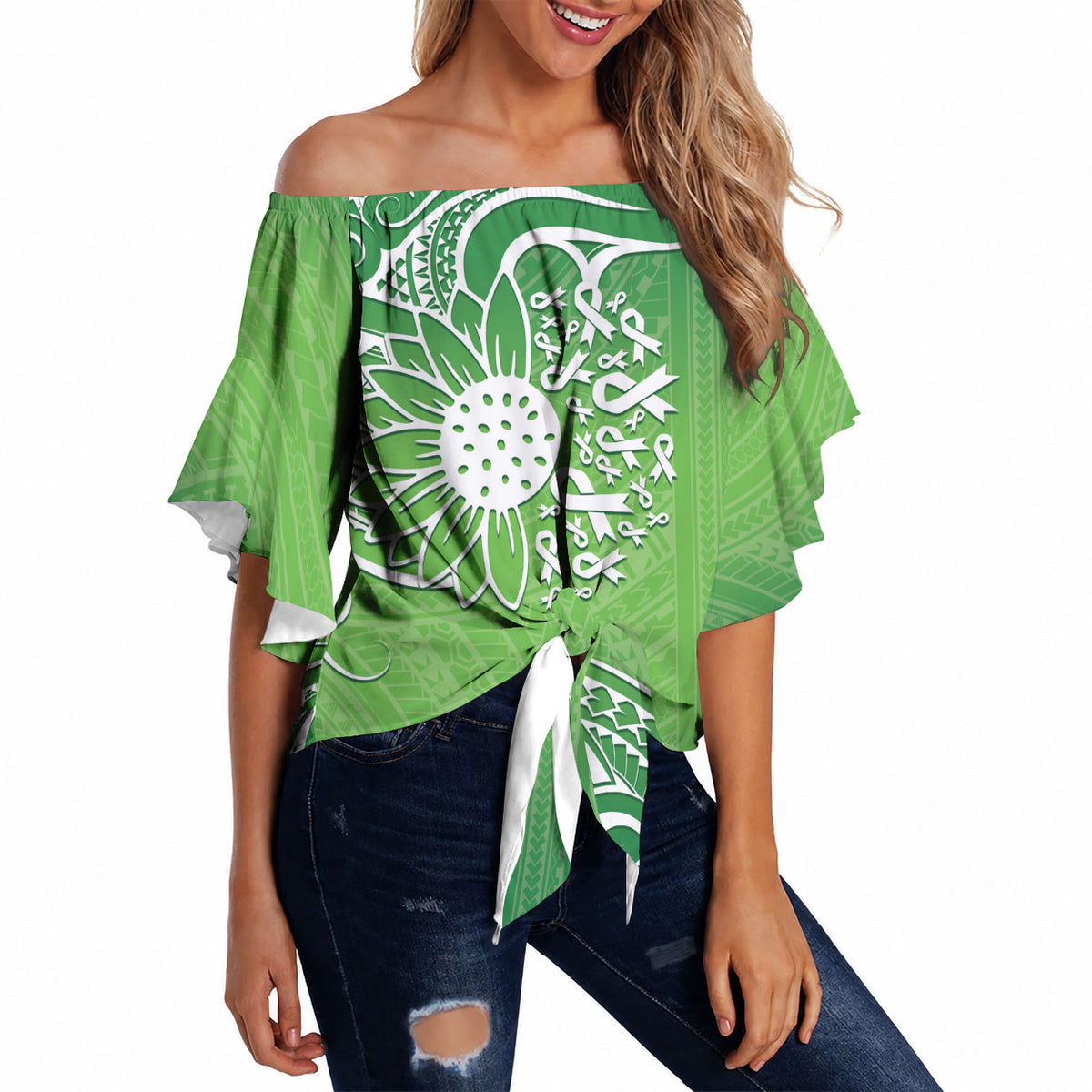 Polynesia Depression Support Off Shoulder Wrap Waist Top Sunflower Green Ribbons Polynesian Tattoo