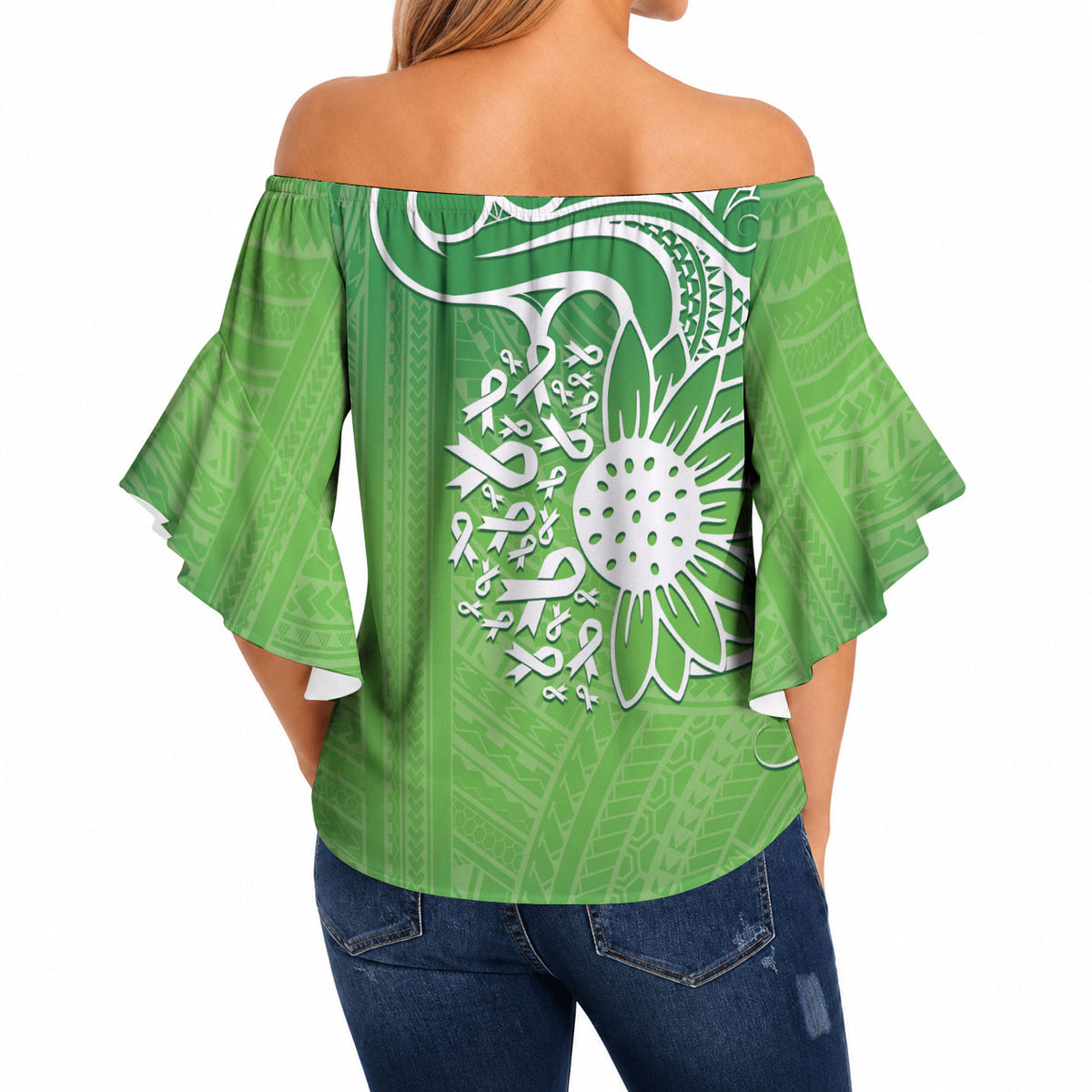 Polynesia Depression Support Off Shoulder Wrap Waist Top Sunflower Green Ribbons Polynesian Tattoo