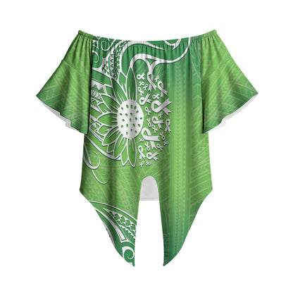 Polynesia Depression Support Off Shoulder Wrap Waist Top Sunflower Green Ribbons Polynesian Tattoo