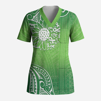 Polynesia Depression Support Scrub Top Sunflower Green Ribbons Polynesian Tattoo