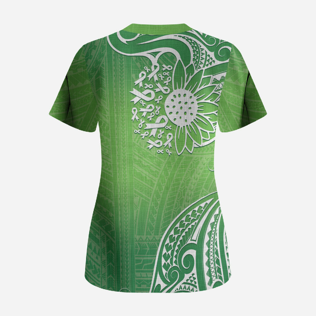 Polynesia Depression Support Scrub Top Sunflower Green Ribbons Polynesian Tattoo