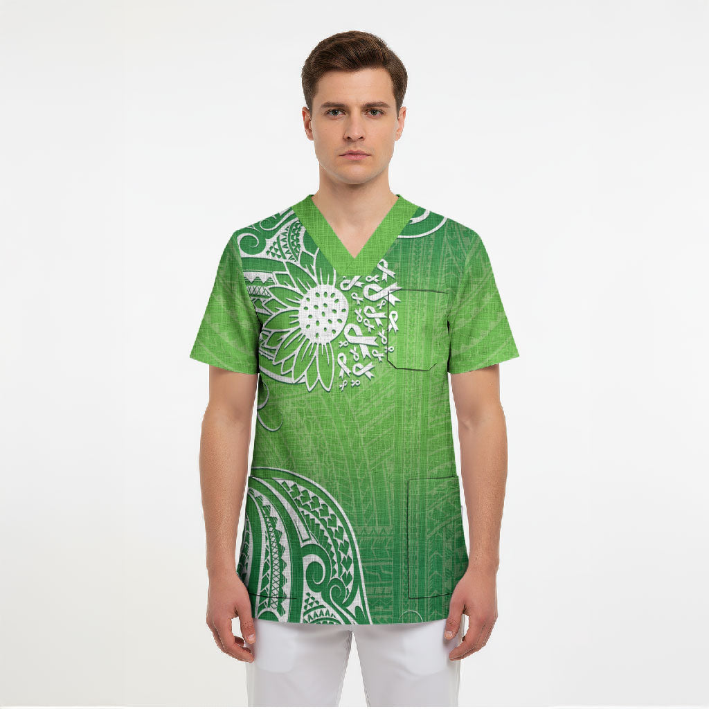 Polynesia Depression Support Scrub Top Sunflower Green Ribbons Polynesian Tattoo