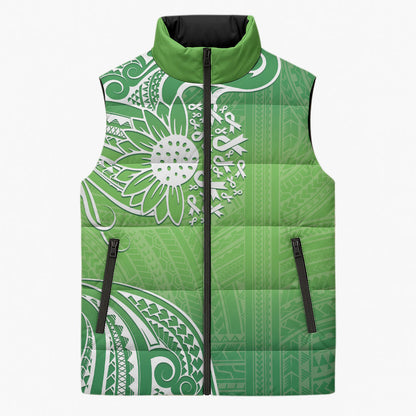 Polynesia Depression Support Sleeveless Puffer Jacket Sunflower Green Ribbons Polynesian Tattoo
