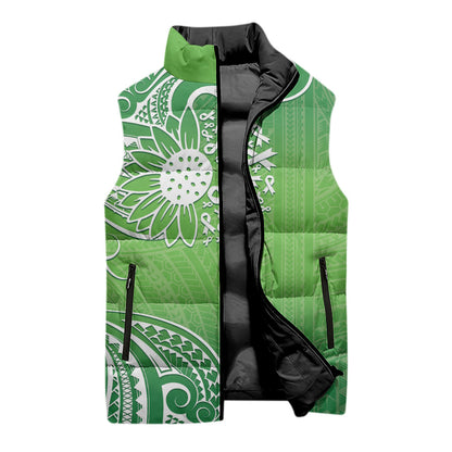 Polynesia Depression Support Sleeveless Puffer Jacket Sunflower Green Ribbons Polynesian Tattoo