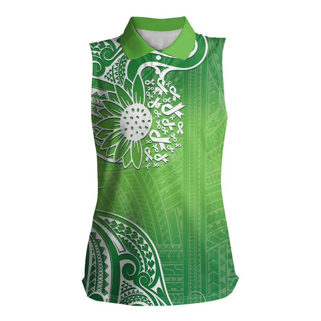 Polynesia Depression Support Women Sleeveless Polo Shirt Sunflower Green Ribbons Polynesian Tattoo
