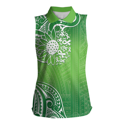 Polynesia Depression Support Women Sleeveless Polo Shirt Sunflower Green Ribbons Polynesian Tattoo