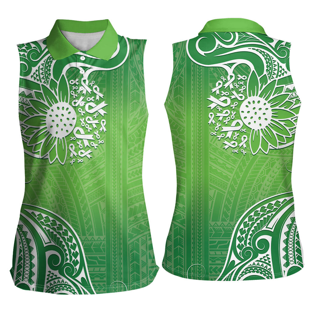 Polynesia Depression Support Women Sleeveless Polo Shirt Sunflower Green Ribbons Polynesian Tattoo
