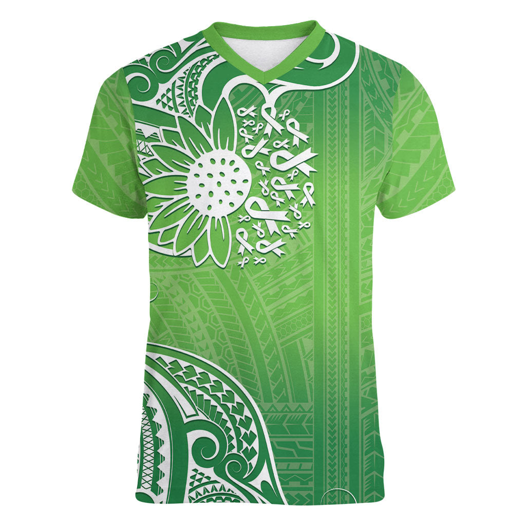 Polynesia Depression Support Women V-Neck T-Shirt Sunflower Green Ribbons Polynesian Tattoo