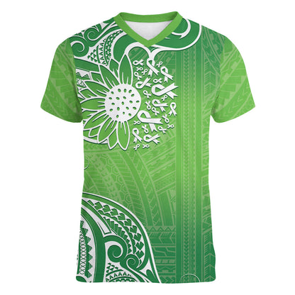 Polynesia Depression Support Women V-Neck T-Shirt Sunflower Green Ribbons Polynesian Tattoo