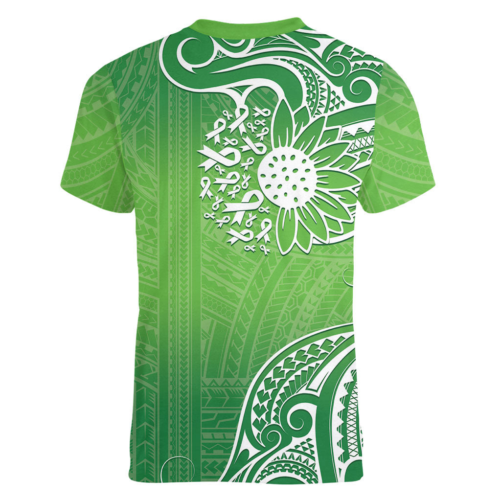 Polynesia Depression Support Women V-Neck T-Shirt Sunflower Green Ribbons Polynesian Tattoo