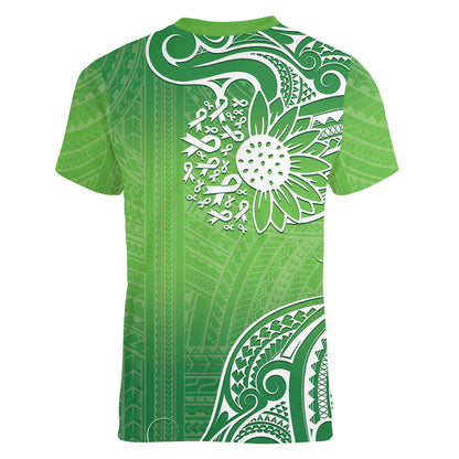 Polynesia Depression Support Women V-Neck T-Shirt Sunflower Green Ribbons Polynesian Tattoo