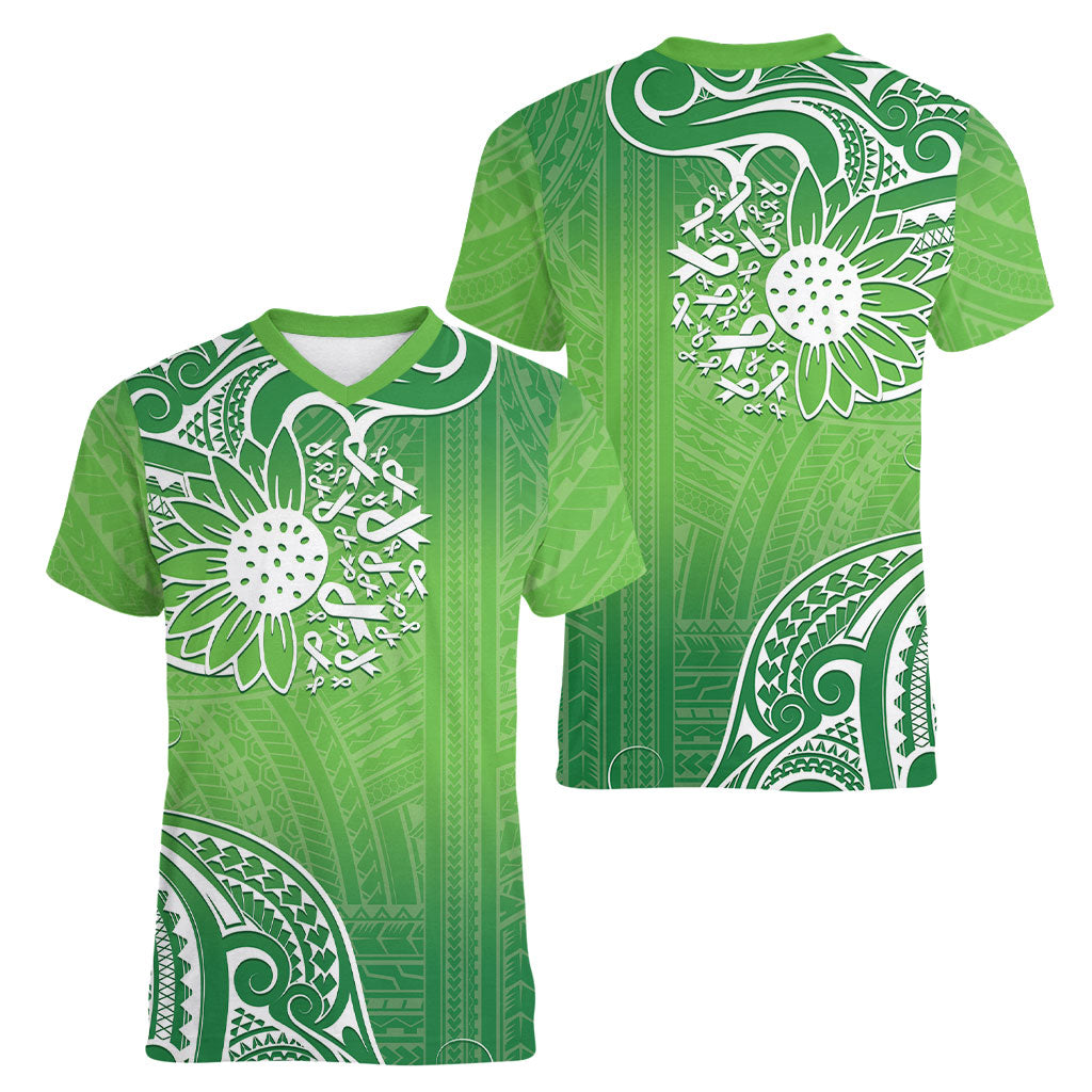 Polynesia Depression Support Women V-Neck T-Shirt Sunflower Green Ribbons Polynesian Tattoo