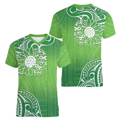Polynesia Depression Support Women V-Neck T-Shirt Sunflower Green Ribbons Polynesian Tattoo