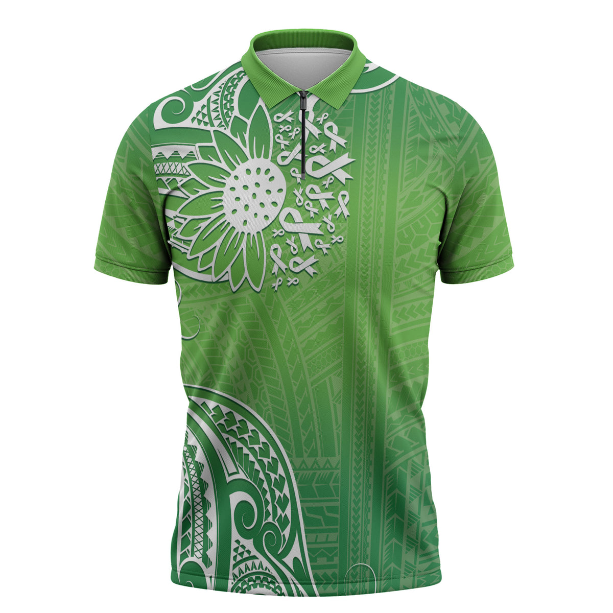 Polynesia Depression Support Zipper Polo Shirt Sunflower Green Ribbons Polynesian Tattoo