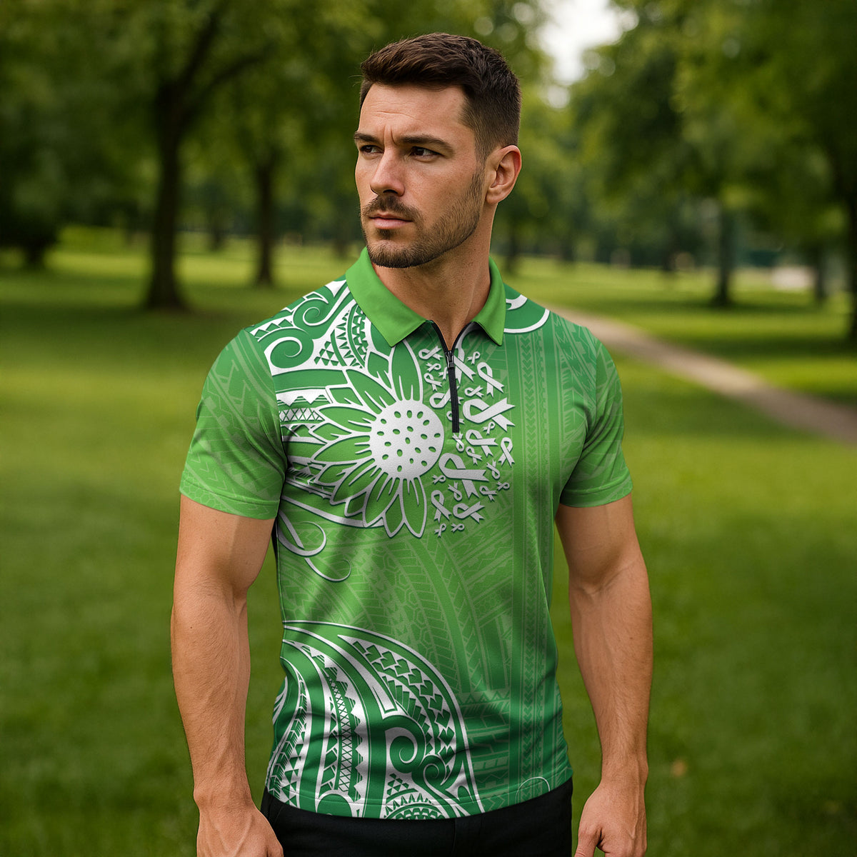 Polynesia Depression Support Zipper Polo Shirt Sunflower Green Ribbons Polynesian Tattoo
