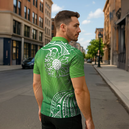 Polynesia Depression Support Zipper Polo Shirt Sunflower Green Ribbons Polynesian Tattoo