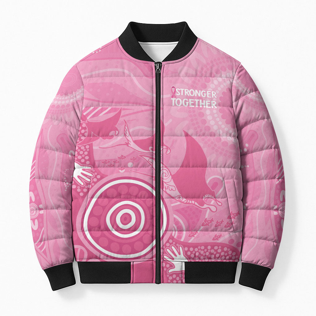 Australia Breast Cancer Support Bomber Puffer Jacket Pink Ribbon Manta Ray Aboriginal Art