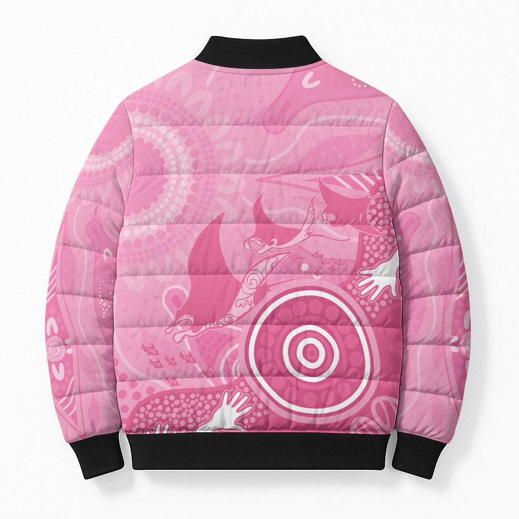 Australia Breast Cancer Support Bomber Puffer Jacket Pink Ribbon Manta Ray Aboriginal Art