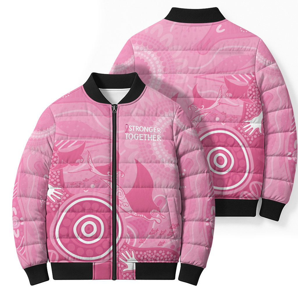 Australia Breast Cancer Support Bomber Puffer Jacket Pink Ribbon Manta Ray Aboriginal Art