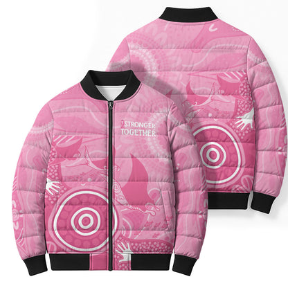 Australia Breast Cancer Support Bomber Puffer Jacket Pink Ribbon Manta Ray Aboriginal Art