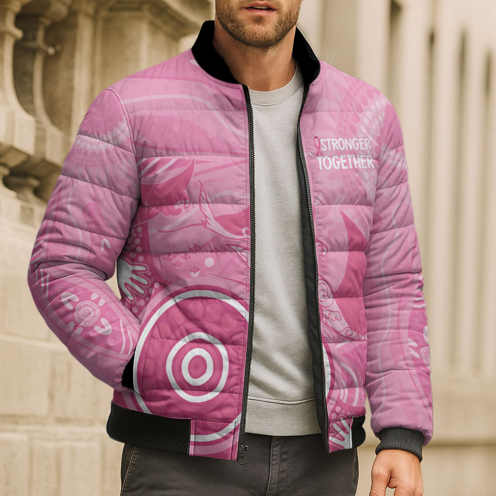 Australia Breast Cancer Support Bomber Puffer Jacket Pink Ribbon Manta Ray Aboriginal Art