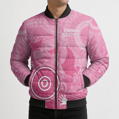 Australia Breast Cancer Support Bomber Puffer Jacket Pink Ribbon Manta Ray Aboriginal Art