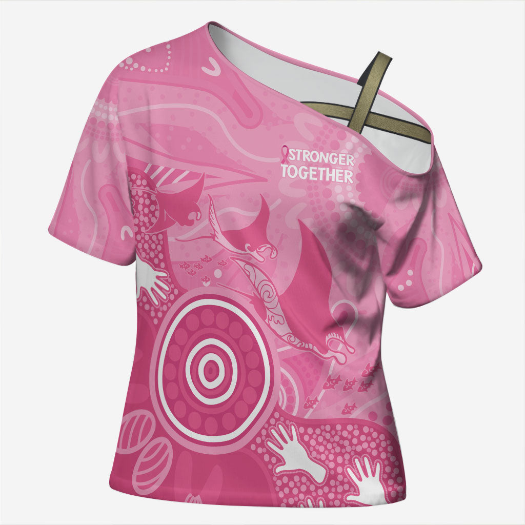 Australia Breast Cancer Support Cross Shoulder Shirt Pink Ribbon Manta Ray Aboriginal Art