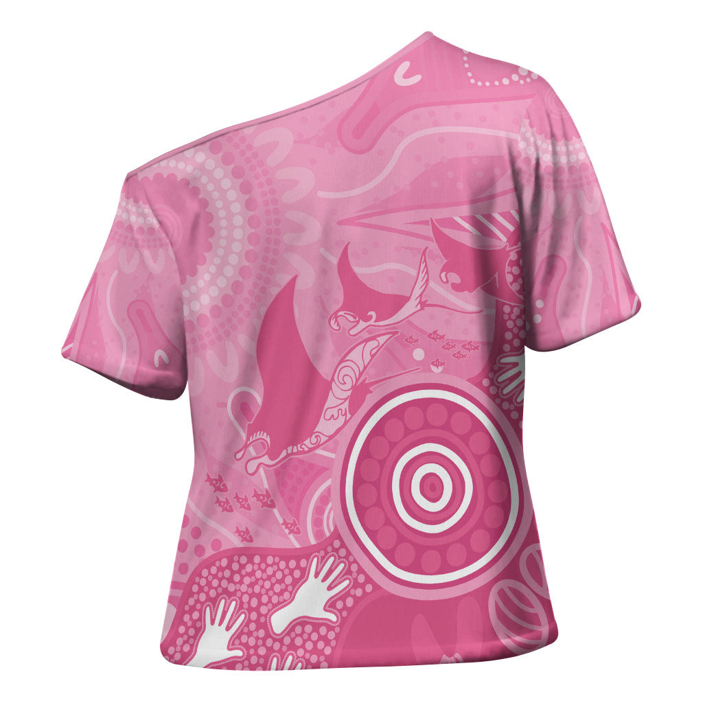 Australia Breast Cancer Support Cross Shoulder Shirt Pink Ribbon Manta Ray Aboriginal Art